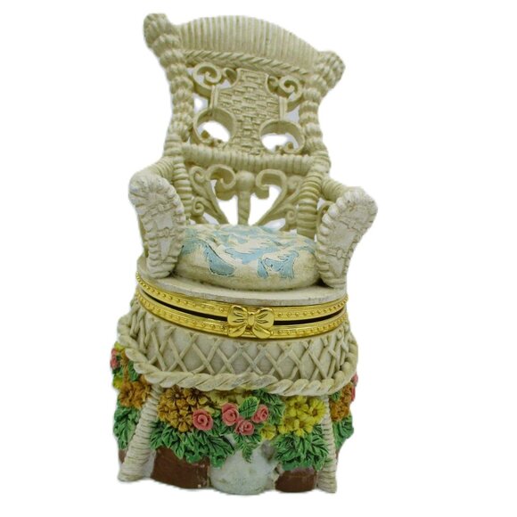 Wicker Chair Resin Trinket Box With Floral Accents & Bow Clasp Design - Picture 1 of 5